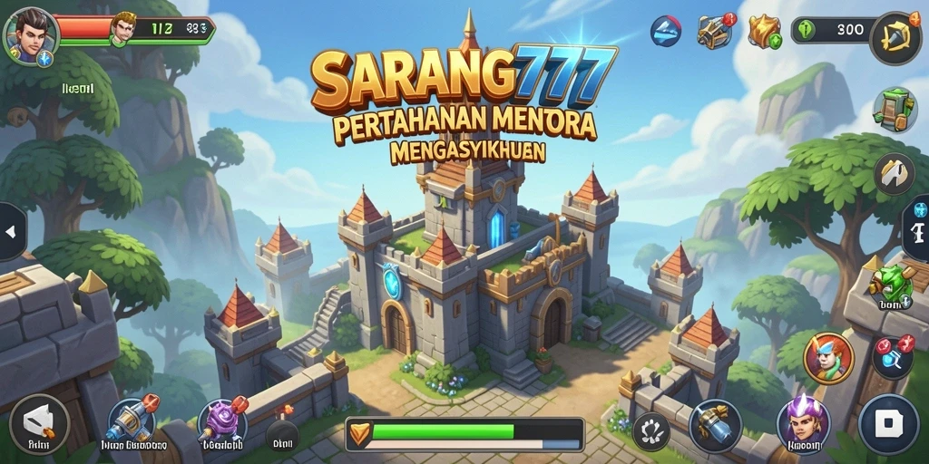 Tampilan seru gameplay SARANG777 dengan pertahanan menara yang strategis.